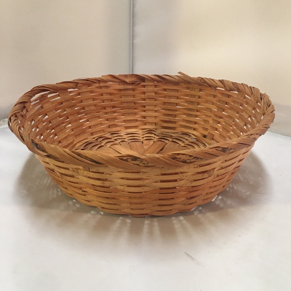 Woven Bamboo Basket Home Decor 8.5in Brown Round Farmhouse Style Cottagecore